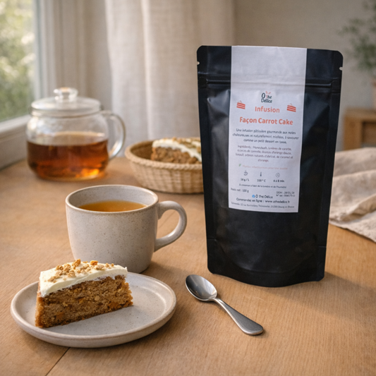 Infusion gourmande carrot cake Ô Thé Délice avec part de gâteau et tasse d’infusion