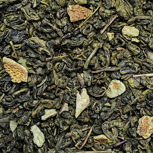 Thé vert Gunpowder citron myrte en vrac avec écorces de citron et verveine