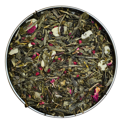 Thé vert aromatisé framboise et amande en vrac – macaron framboise