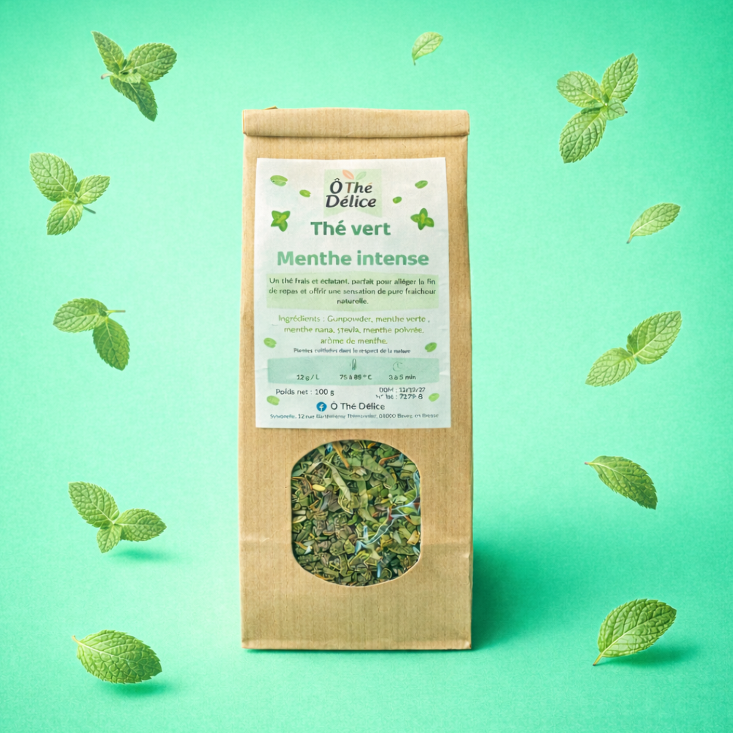 Thé vert menthe intense en vrac, présenté en sachet